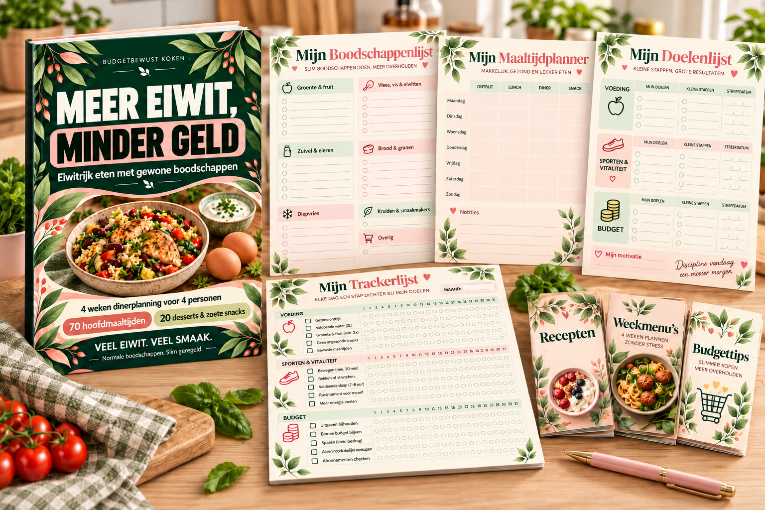 Het kookboek met de weekmenu's, budgettips en de uitprintbare planners en trackers